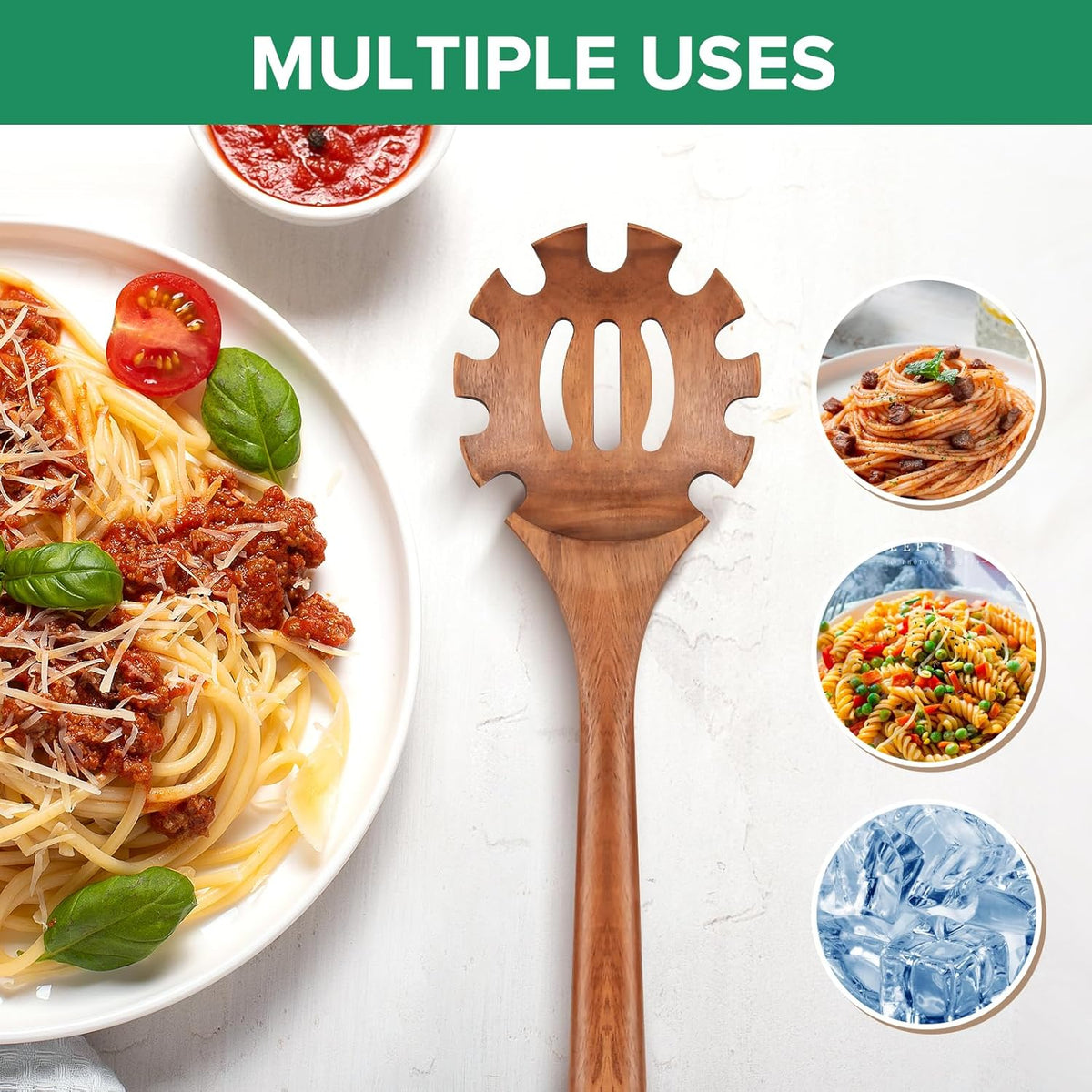 Wooden Pasta Spaghetti Noodle Slotted Spoon, Teak Wood, 12.8" | Non-Toxic, Strainer Spoon with Teeth, Cooking Fork Scoop Server Utensil with Claws, for Serving Stirring Collecting