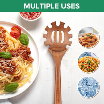 Wooden Pasta Spaghetti Noodle Slotted Spoon, Teak Wood, 12.8" | Non-Toxic, Strainer Spoon with Teeth, Cooking Fork Scoop Server Utensil with Claws, for Serving Stirring Collecting