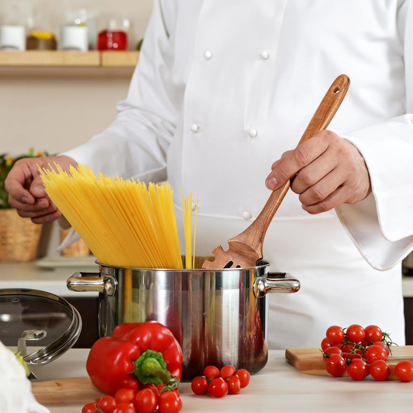 Wooden Pasta Spaghetti Noodle Slotted Spoon, Teak Wood, 12.8" | Non-Toxic, Strainer Spoon with Teeth, Cooking Fork Scoop Server Utensil with Claws, for Serving Stirring Collecting
