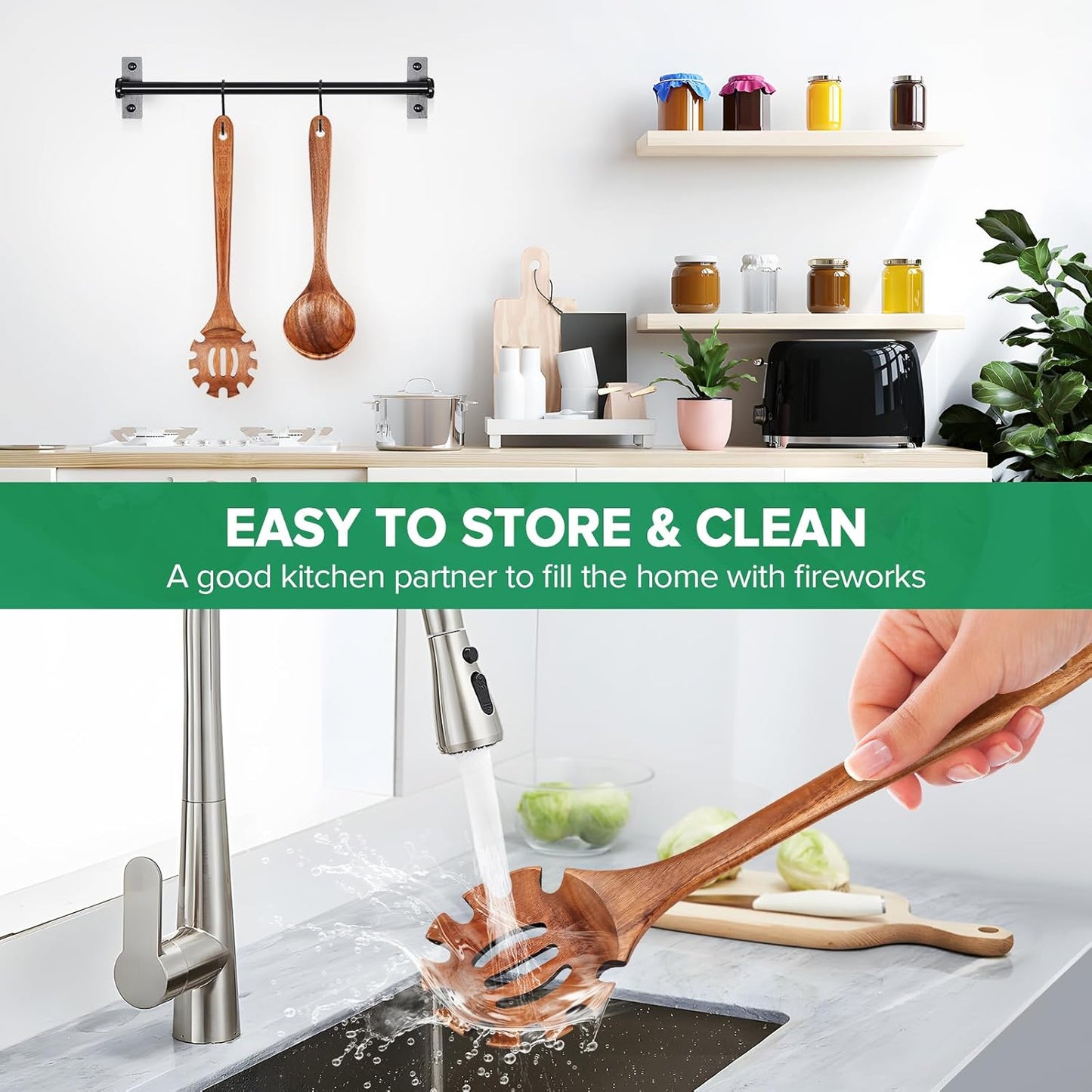 Wooden Pasta Spaghetti Noodle Slotted Spoon, Teak Wood, 12.8" | Non-Toxic, Strainer Spoon with Teeth, Cooking Fork Scoop Server Utensil with Claws, for Serving Stirring Collecting