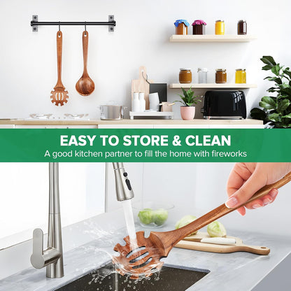 Wooden Pasta Spaghetti Noodle Slotted Spoon, Teak Wood, 12.8" | Non-Toxic, Strainer Spoon with Teeth, Cooking Fork Scoop Server Utensil with Claws, for Serving Stirring Collecting