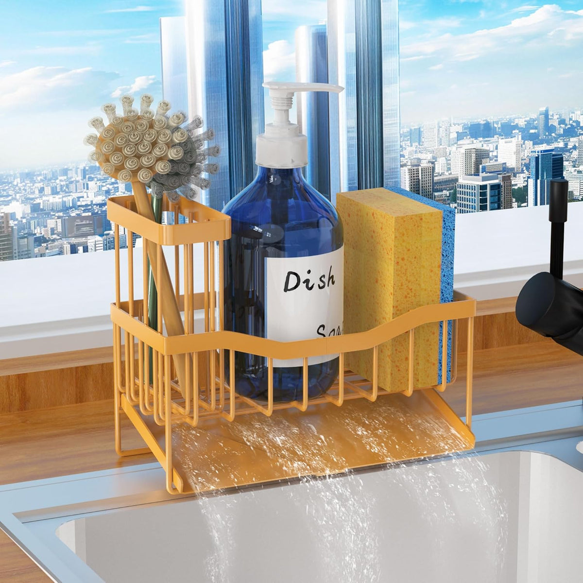 Maifan Sink Caddy Sponge Holder for Kitchen with Brush Holder and Stainless Steel Self Drain Tray, Rustproof Kitchen Sink Organizer for Sponge, Soap Dispenser Storage Accessories