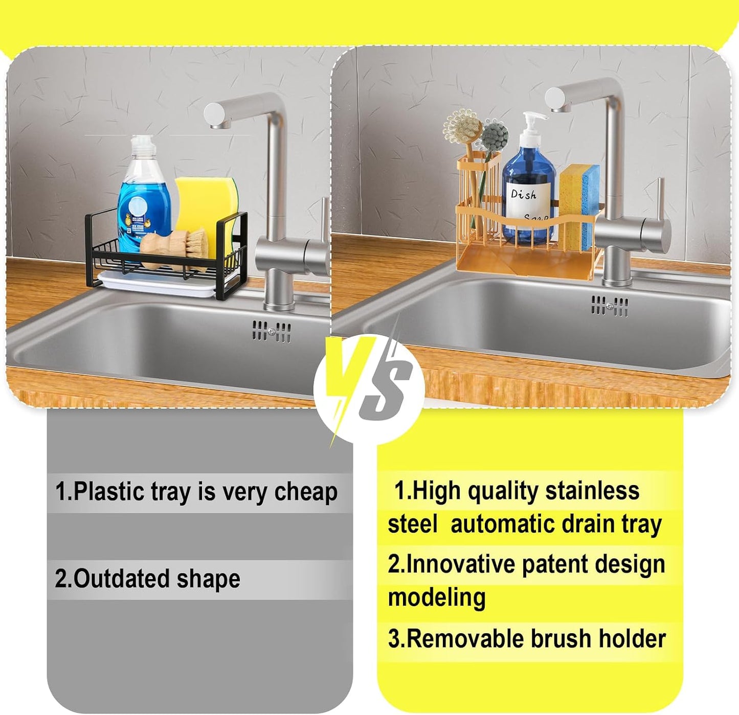 Maifan Sink Caddy Sponge Holder for Kitchen with Brush Holder and Stainless Steel Self Drain Tray, Rustproof Kitchen Sink Organizer for Sponge, Soap Dispenser Storage Accessories