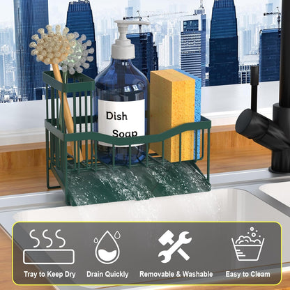 Maifan Sink Caddy Sponge Holder for Kitchen with Brush Holder and Stainless Steel Self Drain Tray, Rustproof Kitchen Sink Organizer for Sponge, Soap Dispenser Storage Accessories