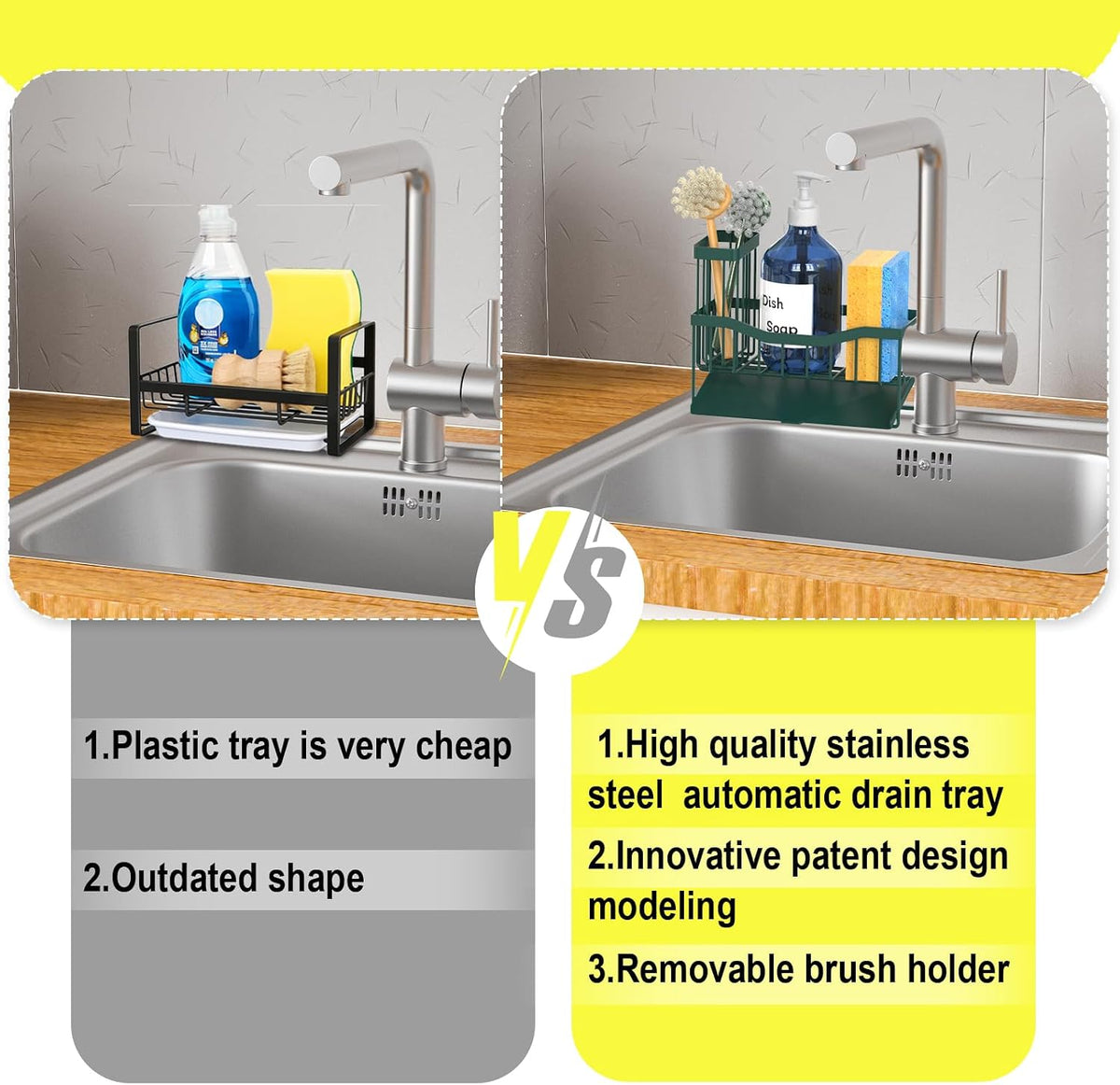 Maifan Sink Caddy Sponge Holder for Kitchen with Brush Holder and Stainless Steel Self Drain Tray, Rustproof Kitchen Sink Organizer for Sponge, Soap Dispenser Storage Accessories
