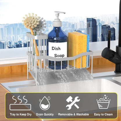 Maifan Sink Caddy Sponge Holder for Kitchen with Brush Holder and Stainless Steel Self Drain Tray, Rustproof Kitchen Sink Organizer for Sponge, Soap Dispenser Storage Accessories