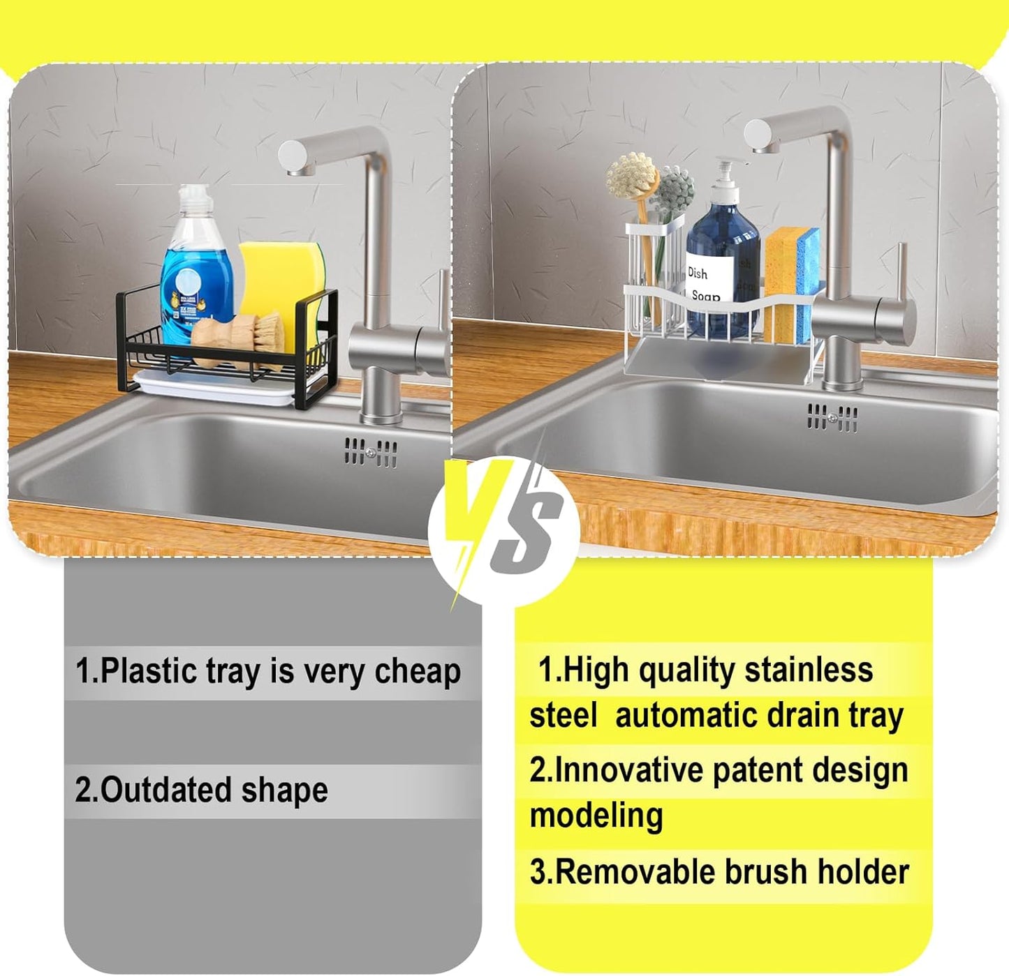 Maifan Sink Caddy Sponge Holder for Kitchen with Brush Holder and Stainless Steel Self Drain Tray, Rustproof Kitchen Sink Organizer for Sponge, Soap Dispenser Storage Accessories