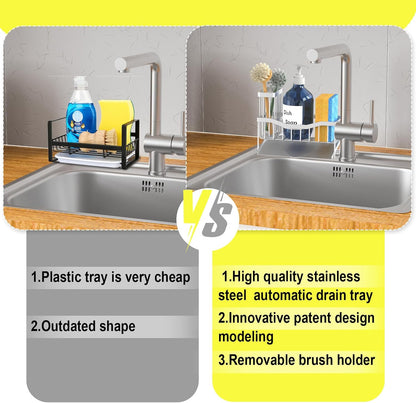 Maifan Sink Caddy Sponge Holder for Kitchen with Brush Holder and Stainless Steel Self Drain Tray, Rustproof Kitchen Sink Organizer for Sponge, Soap Dispenser Storage Accessories