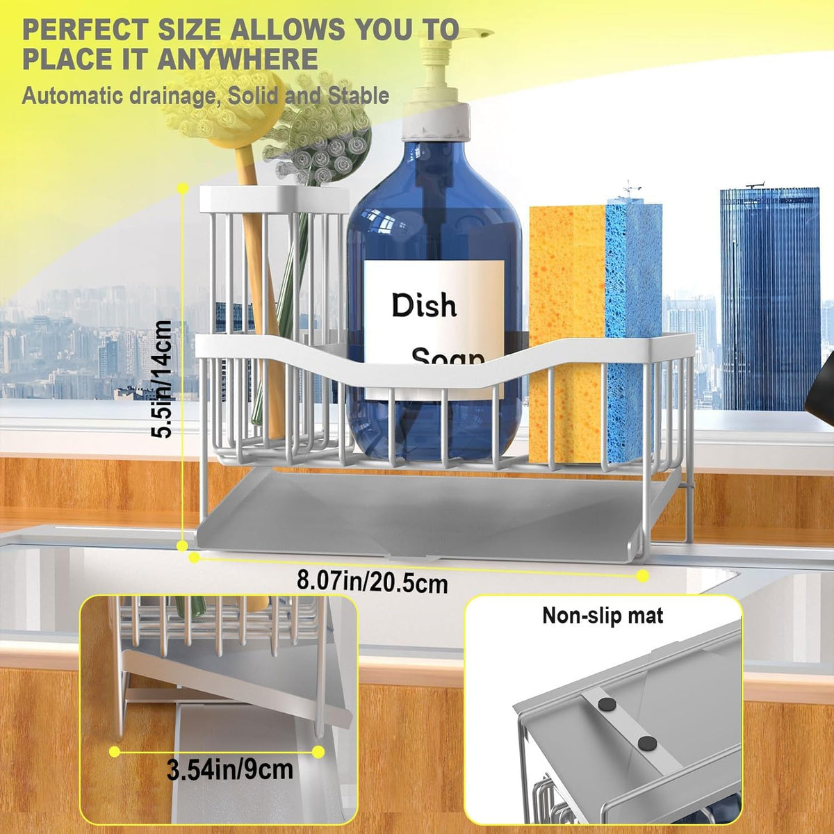 Maifan Sink Caddy Sponge Holder for Kitchen with Brush Holder and Stainless Steel Self Drain Tray, Rustproof Kitchen Sink Organizer for Sponge, Soap Dispenser Storage Accessories