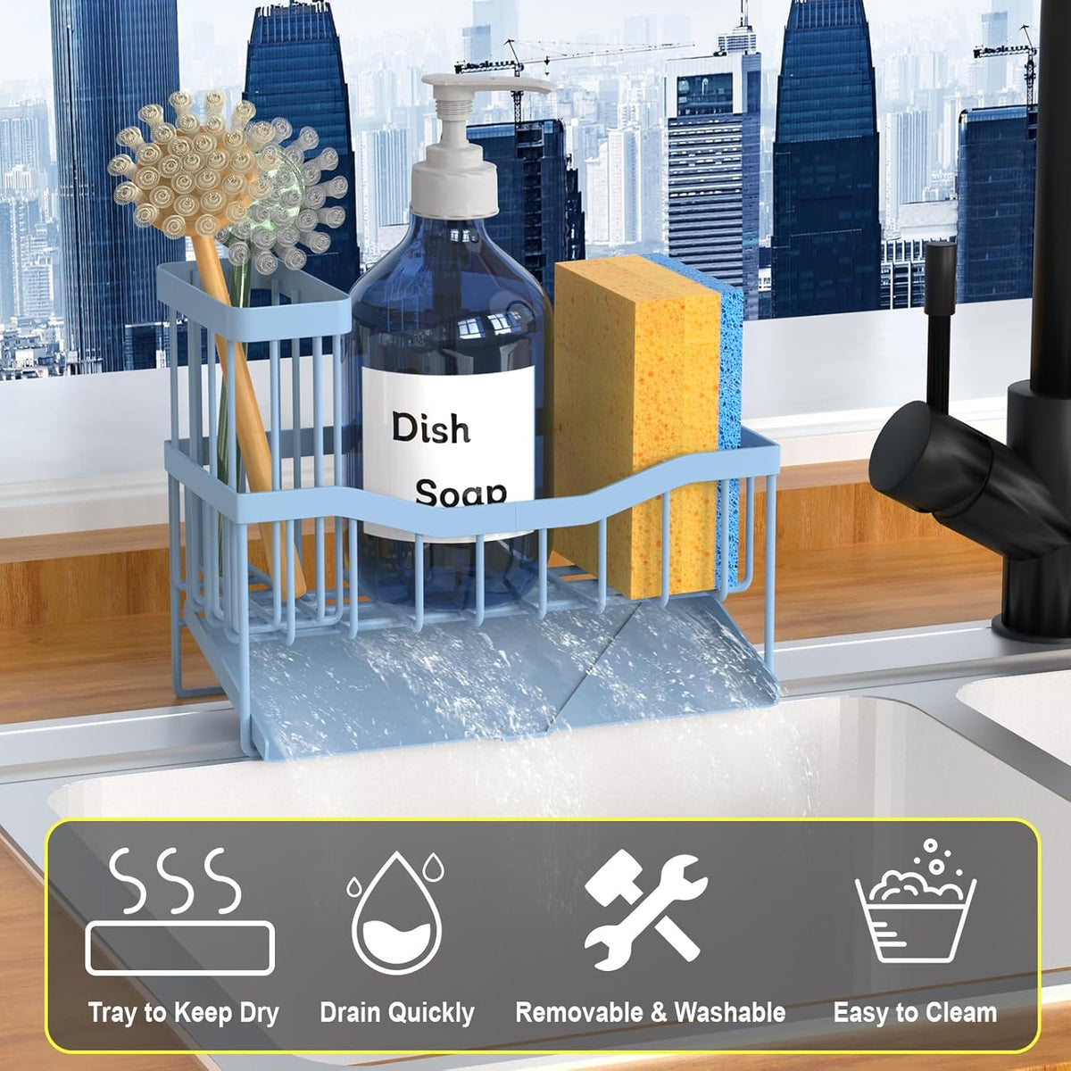 Maifan Sink Caddy Sponge Holder for Kitchen with Brush Holder and Stainless Steel Self Drain Tray, Rustproof Kitchen Sink Organizer for Sponge, Soap Dispenser Storage Accessories