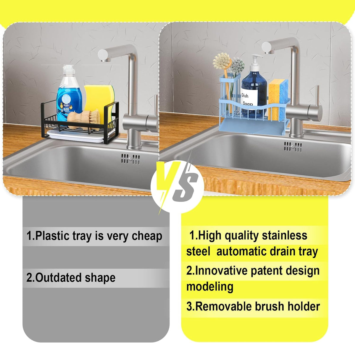 Maifan Sink Caddy Sponge Holder for Kitchen with Brush Holder and Stainless Steel Self Drain Tray, Rustproof Kitchen Sink Organizer for Sponge, Soap Dispenser Storage Accessories