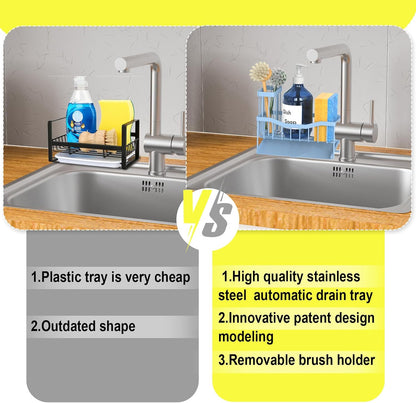 Maifan Sink Caddy Sponge Holder for Kitchen with Brush Holder and Stainless Steel Self Drain Tray, Rustproof Kitchen Sink Organizer for Sponge, Soap Dispenser Storage Accessories