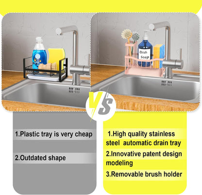 Maifan Sink Caddy Sponge Holder for Kitchen with Brush Holder and Stainless Steel Self Drain Tray, Rustproof Kitchen Sink Organizer for Sponge, Soap Dispenser Storage Accessories