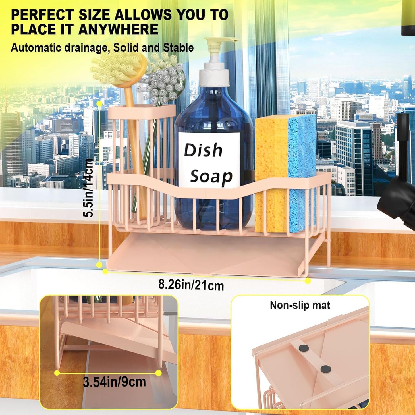 Maifan Sink Caddy Sponge Holder for Kitchen with Brush Holder and Stainless Steel Self Drain Tray, Rustproof Kitchen Sink Organizer for Sponge, Soap Dispenser Storage Accessories