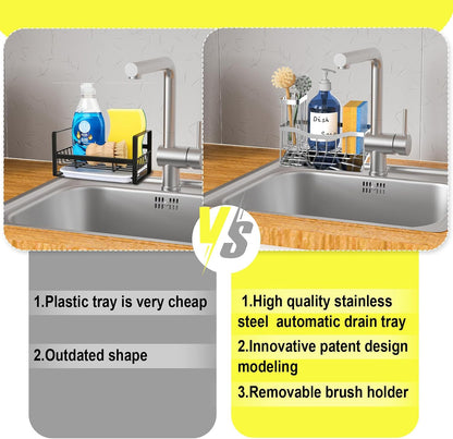 Maifan Sink Caddy Sponge Holder for Kitchen with Brush Holder and Stainless Steel Self Drain Tray, Rustproof Kitchen Sink Organizer for Sponge, Soap Dispenser Storage Accessories