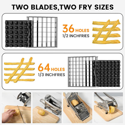 Premium French Fry Cutter & Potato Slicer – Stainless Steel Vegetable Cutter with 1/2 & 1/3 Inch Blades for Fries, Potatoes, Chips & Carrots (1-Pack)
