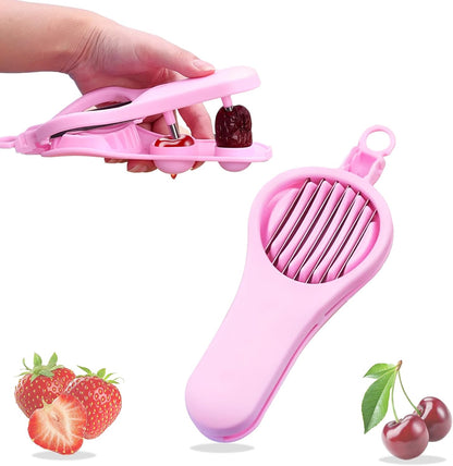 Strawberry Slicer Cherry Pitter 2 in 1, Stainless Fruit Slicer Strawberry Cutter Slicer Strawberry Tool for Hawthorn/Red Date/Olives/Strawberries/Tomatoes