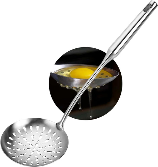 Skimmer Slotted Spoon, Slotted Spoons for Cooking, Heavy Duty 304 Stainless Steel Slotted Spoon with Vacuum Ergonomic Handle, Comfortable Grip Design Strainer Ladle for Kitchen, 14.96 Inches