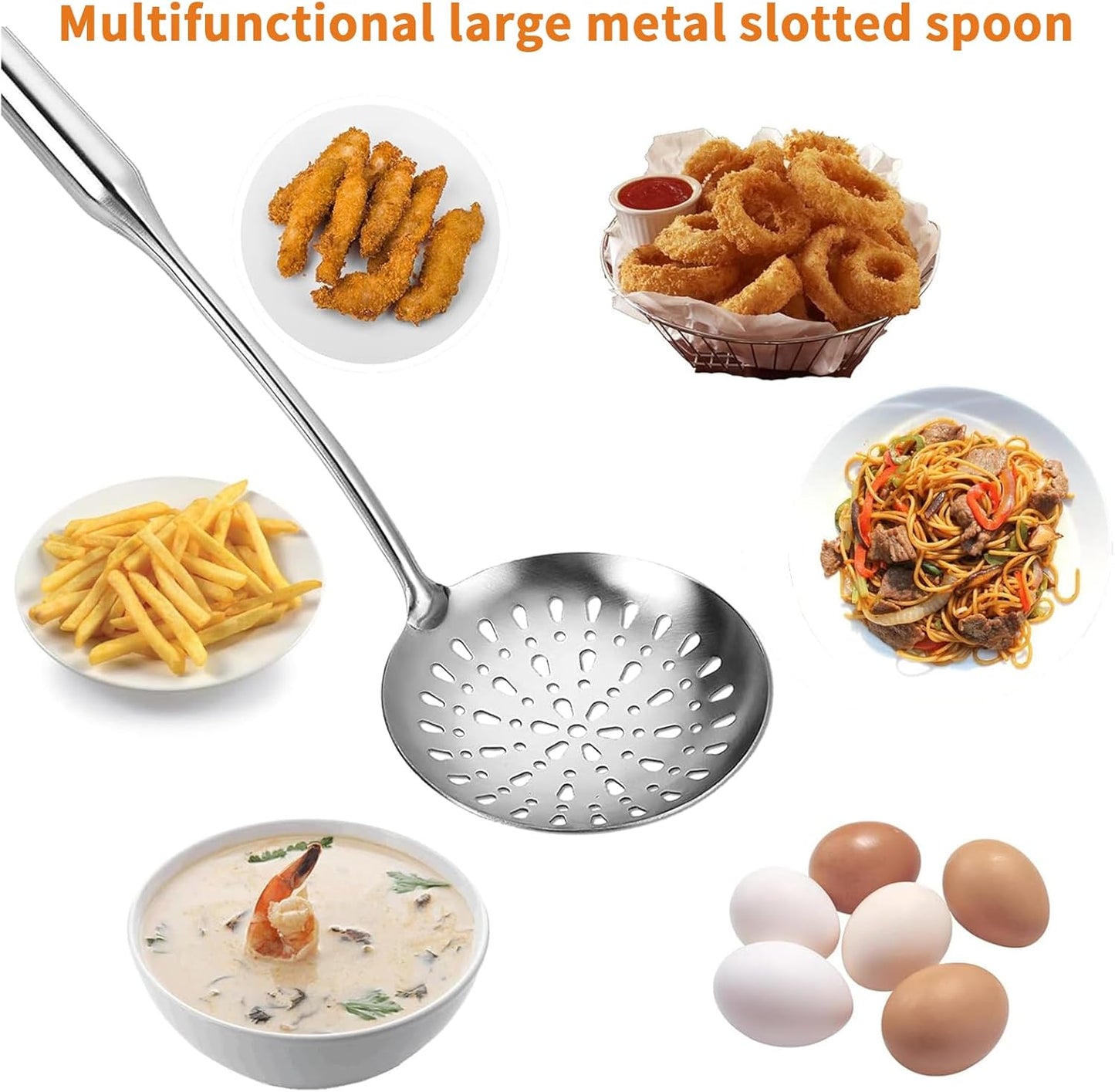 Skimmer Slotted Spoon, Slotted Spoons for Cooking, Heavy Duty 304 Stainless Steel Slotted Spoon with Vacuum Ergonomic Handle, Comfortable Grip Design Strainer Ladle for Kitchen, 14.96 Inches