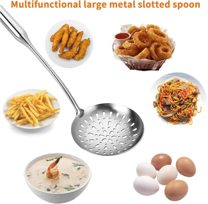 Skimmer Slotted Spoon, Slotted Spoons for Cooking, Heavy Duty 304 Stainless Steel Slotted Spoon with Vacuum Ergonomic Handle, Comfortable Grip Design Strainer Ladle for Kitchen, 14.96 Inches