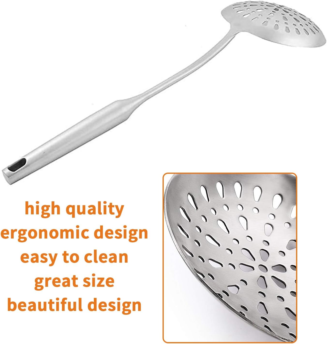Skimmer Slotted Spoon, Slotted Spoons for Cooking, Heavy Duty 304 Stainless Steel Slotted Spoon with Vacuum Ergonomic Handle, Comfortable Grip Design Strainer Ladle for Kitchen, 14.96 Inches