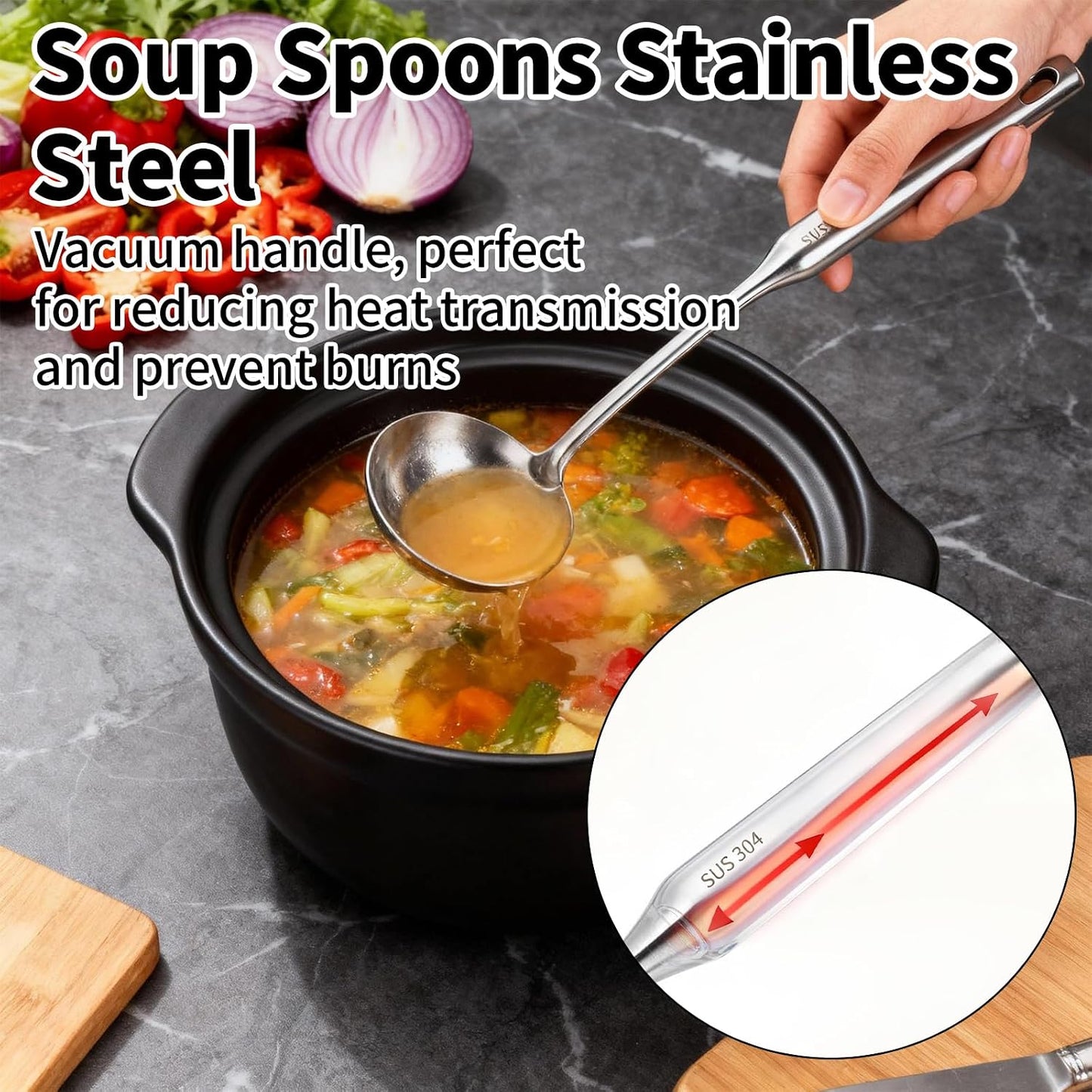 Skimmer Slotted Spoon, Slotted Spoons for Cooking, Heavy Duty 304 Stainless Steel Slotted Spoon with Vacuum Ergonomic Handle, Comfortable Grip Design Strainer Ladle for Kitchen, 14.96 Inches