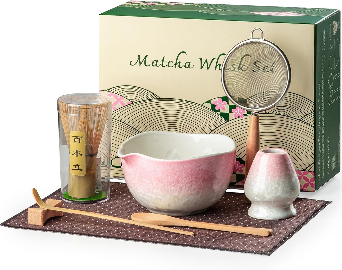 Matcha Whisk Set, Handcrafted Crystalline Glaze Matcha Set, 8 Pcs Matcha Kit Includes Matcha Bowl, Whisk with Holder, Bamboo Scoop & Spoon, Sifter and Tea Towel, Ceremonial Matcha Tea Set
