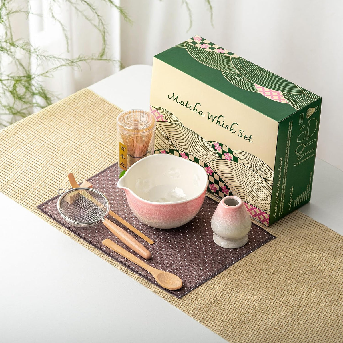 Matcha Whisk Set, Handcrafted Crystalline Glaze Matcha Set, 8 Pcs Matcha Kit Includes Matcha Bowl, Whisk with Holder, Bamboo Scoop & Spoon, Sifter and Tea Towel, Ceremonial Matcha Tea Set