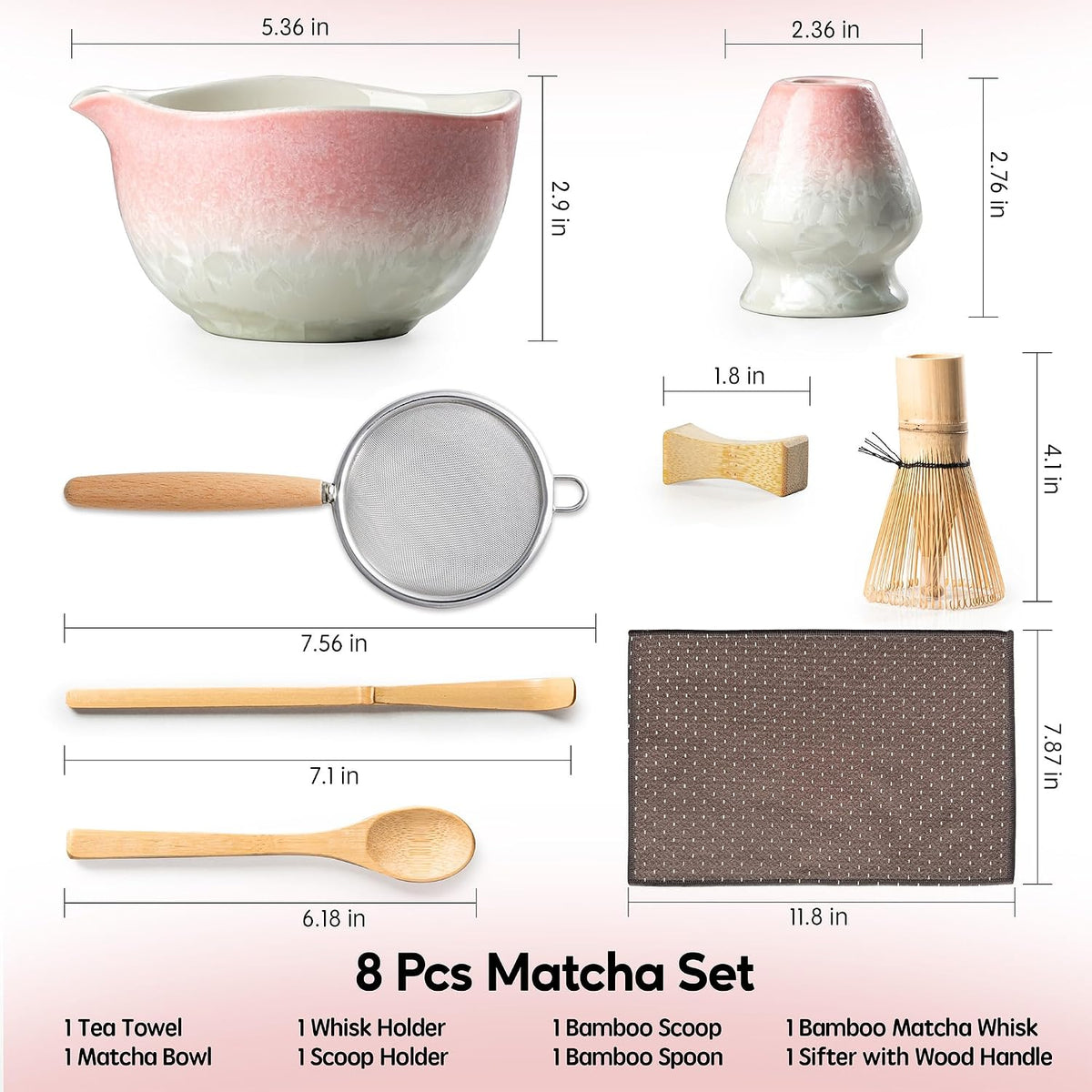 Matcha Whisk Set, Handcrafted Crystalline Glaze Matcha Set, 8 Pcs Matcha Kit Includes Matcha Bowl, Whisk with Holder, Bamboo Scoop & Spoon, Sifter and Tea Towel, Ceremonial Matcha Tea Set