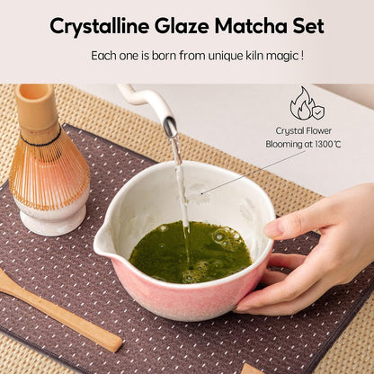 Matcha Whisk Set, Handcrafted Crystalline Glaze Matcha Set, 8 Pcs Matcha Kit Includes Matcha Bowl, Whisk with Holder, Bamboo Scoop & Spoon, Sifter and Tea Towel, Ceremonial Matcha Tea Set