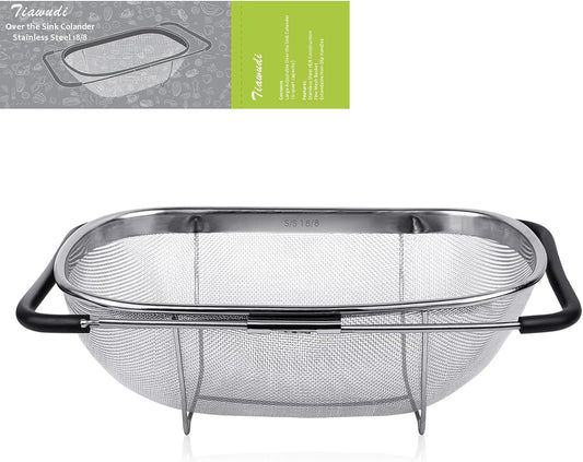 6-Quart Large Over The Sink Colander, Heavy Duty 40% Thicker 18/8 Stainless Steel Fine Mesh Strainer Basket with Expandable Rubber Grip Handles - Strain, Drain, Rinse Fruits, Vegetables