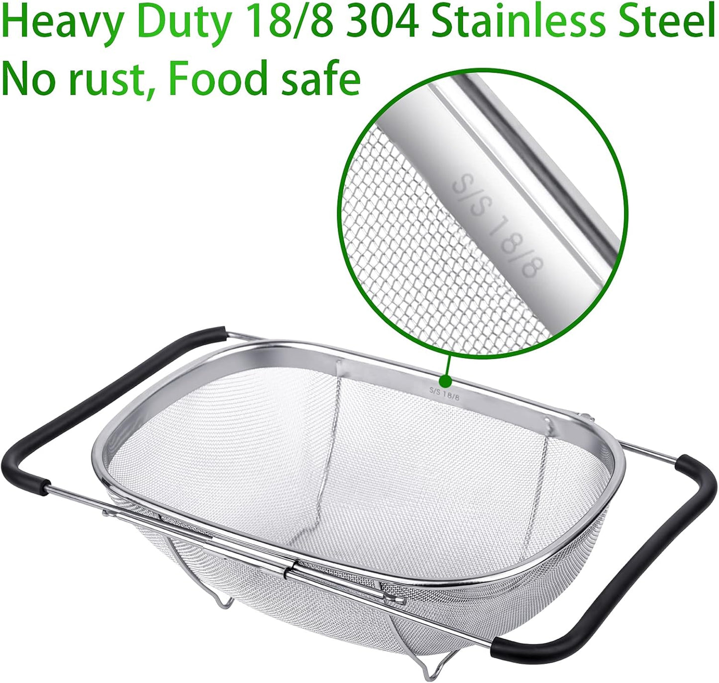6-Quart Large Over The Sink Colander, Heavy Duty 40% Thicker 18/8 Stainless Steel Fine Mesh Strainer Basket with Expandable Rubber Grip Handles - Strain, Drain, Rinse Fruits, Vegetables