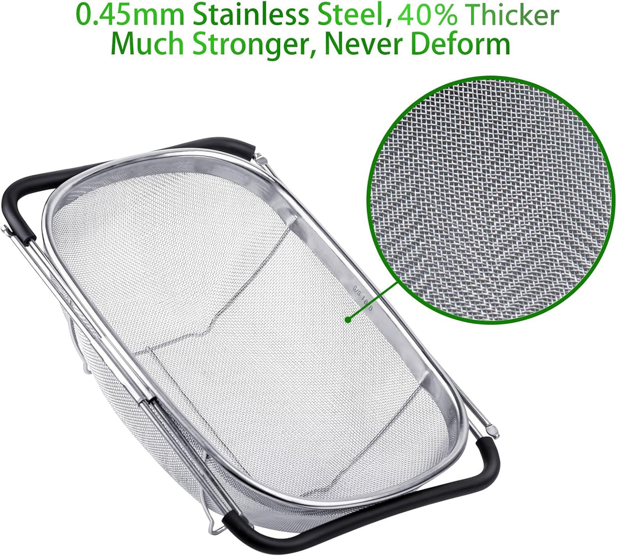 6-Quart Large Over The Sink Colander, Heavy Duty 40% Thicker 18/8 Stainless Steel Fine Mesh Strainer Basket with Expandable Rubber Grip Handles - Strain, Drain, Rinse Fruits, Vegetables