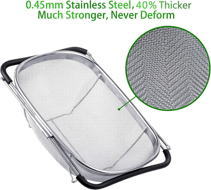 6-Quart Large Over The Sink Colander, Heavy Duty 40% Thicker 18/8 Stainless Steel Fine Mesh Strainer Basket with Expandable Rubber Grip Handles - Strain, Drain, Rinse Fruits, Vegetables