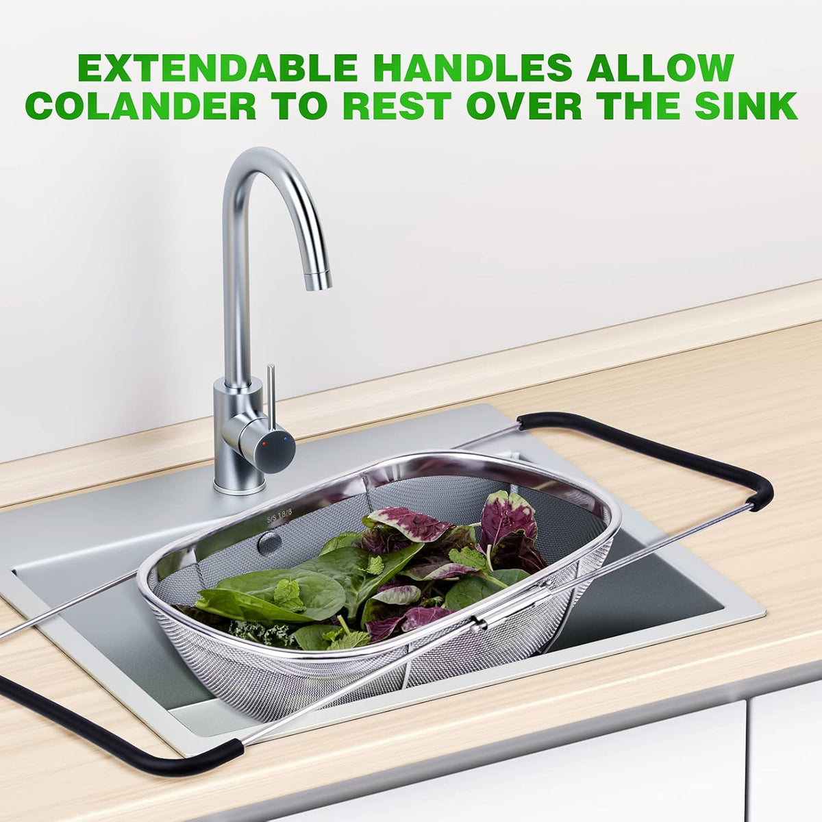 6-Quart Large Over The Sink Colander, Heavy Duty 40% Thicker 18/8 Stainless Steel Fine Mesh Strainer Basket with Expandable Rubber Grip Handles - Strain, Drain, Rinse Fruits, Vegetables