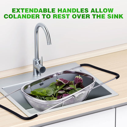 6-Quart Large Over The Sink Colander, Heavy Duty 40% Thicker 18/8 Stainless Steel Fine Mesh Strainer Basket with Expandable Rubber Grip Handles - Strain, Drain, Rinse Fruits, Vegetables