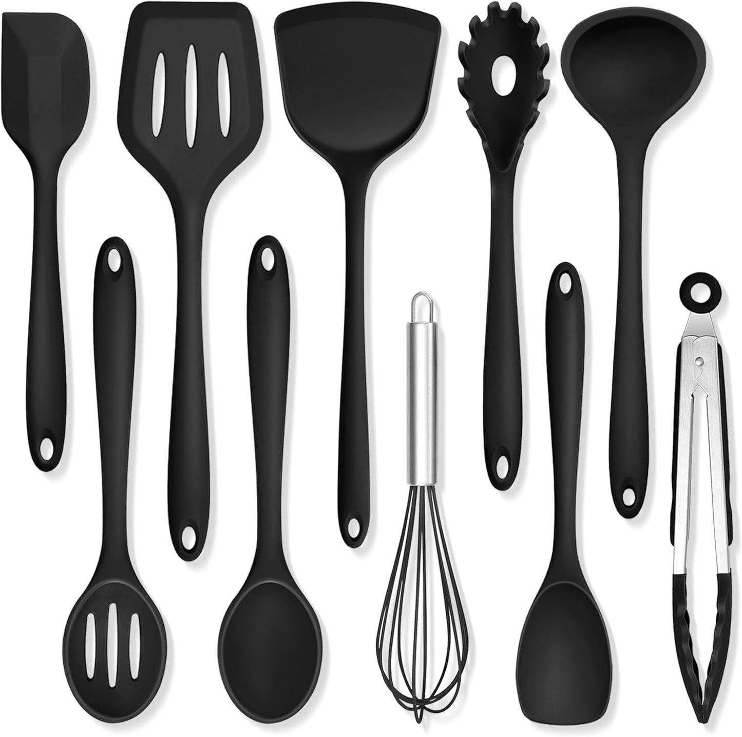 Silicone Cooking Utensils, 10 pcs Kitchen Cooking Utensils Set, 446°F Heat Resistant Kitchen Gadgets Tools Set w/Spatula, Turners, Spoons, Soup Ladle, Pasta Server for Nonstick Cookware, Black
