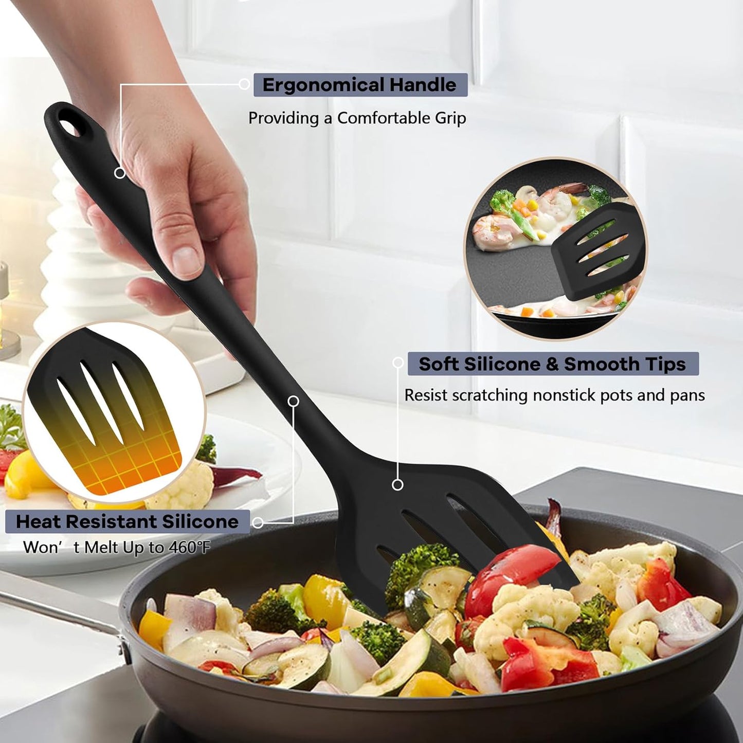 Silicone Cooking Utensils, 10 pcs Kitchen Cooking Utensils Set, 446°F Heat Resistant Kitchen Gadgets Tools Set w/Spatula, Turners, Spoons, Soup Ladle, Pasta Server for Nonstick Cookware, Black