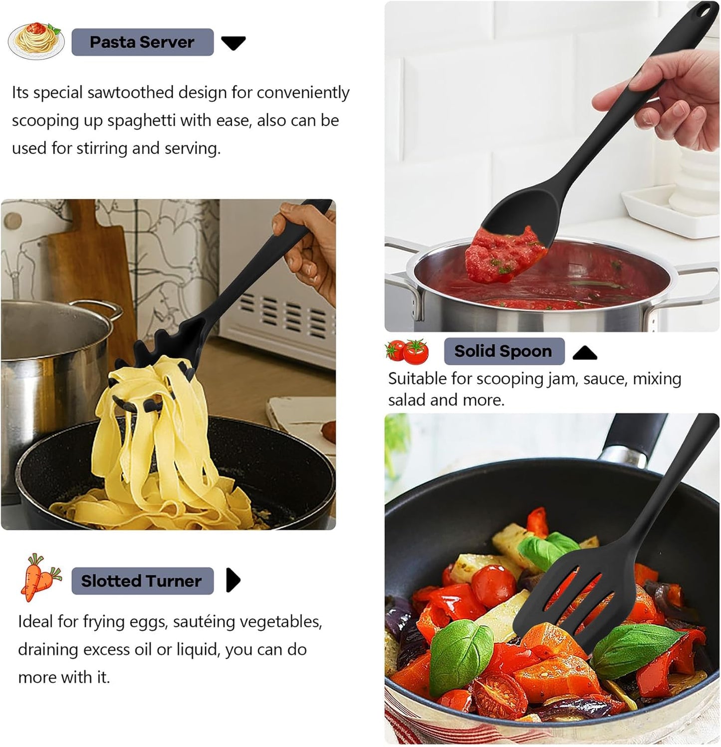 Silicone Cooking Utensils, 10 pcs Kitchen Cooking Utensils Set, 446°F Heat Resistant Kitchen Gadgets Tools Set w/Spatula, Turners, Spoons, Soup Ladle, Pasta Server for Nonstick Cookware, Black