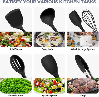 Silicone Cooking Utensils, 10 pcs Kitchen Cooking Utensils Set, 446°F Heat Resistant Kitchen Gadgets Tools Set w/Spatula, Turners, Spoons, Soup Ladle, Pasta Server for Nonstick Cookware, Black