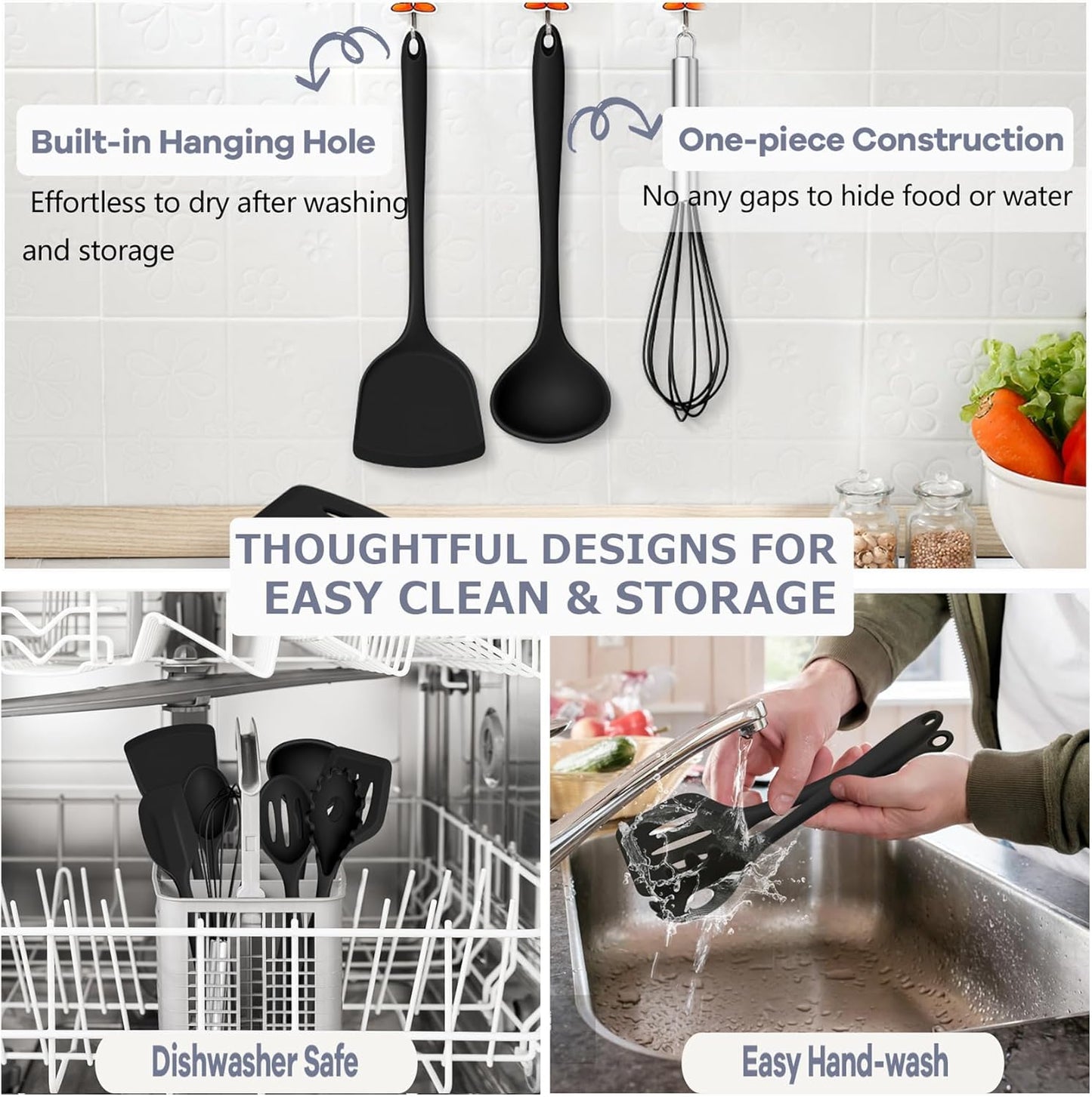 Silicone Cooking Utensils, 10 pcs Kitchen Cooking Utensils Set, 446°F Heat Resistant Kitchen Gadgets Tools Set w/Spatula, Turners, Spoons, Soup Ladle, Pasta Server for Nonstick Cookware, Black
