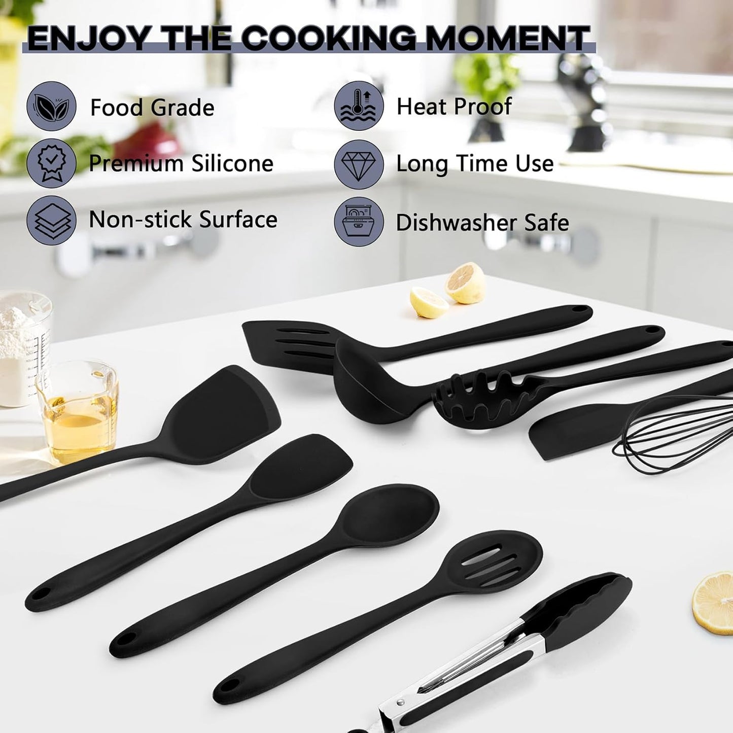 Silicone Cooking Utensils, 10 pcs Kitchen Cooking Utensils Set, 446°F Heat Resistant Kitchen Gadgets Tools Set w/Spatula, Turners, Spoons, Soup Ladle, Pasta Server for Nonstick Cookware, Black