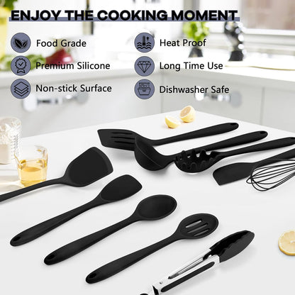 Silicone Cooking Utensils, 10 pcs Kitchen Cooking Utensils Set, 446°F Heat Resistant Kitchen Gadgets Tools Set w/Spatula, Turners, Spoons, Soup Ladle, Pasta Server for Nonstick Cookware, Black