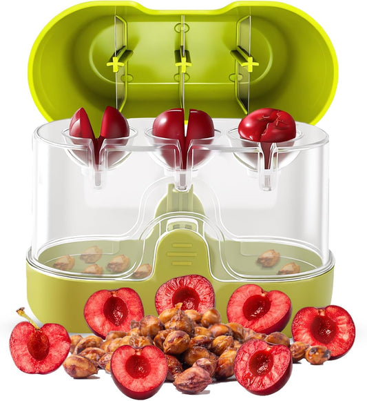 2-in-1 Cherry Pitter & Half Slicer, 3-Hole Cherry Remover with Container