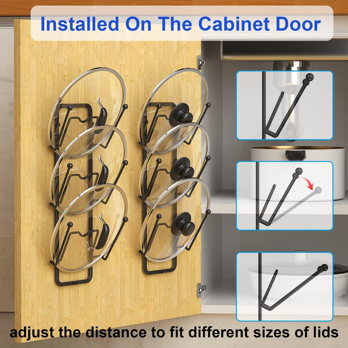 2 Pack Pot Lid Organizer for Cabinet, 2 in 1 Wall Mount & Adhesive Pot Lid Holder Rack for Kitchen Storage 6 Tier Pan Lid Organizer for Easy & Tidy Kitchen Organization