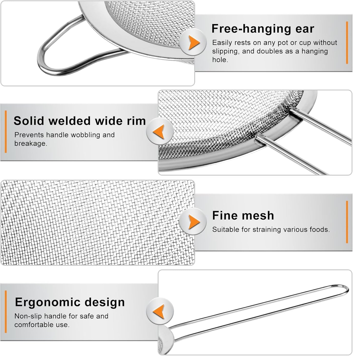 4PCS Fine Mesh Strainer Set, Premium Stainless Steel Fine Mesh Strainers, Food Fine Sieve with Non-Slip Handle, Perfect for Juice, Baking Flour, Drinks, Cocktails, Rice, Jam, Tea(2.8"/3.2"/3.9"/4.7")