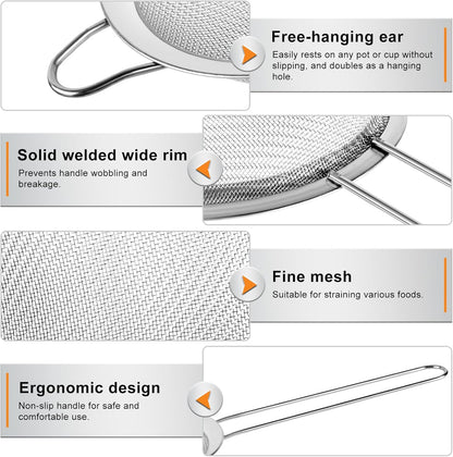 4PCS Fine Mesh Strainer Set, Premium Stainless Steel Fine Mesh Strainers, Food Fine Sieve with Non-Slip Handle, Perfect for Juice, Baking Flour, Drinks, Cocktails, Rice, Jam, Tea(2.8"/3.2"/3.9"/4.7")
