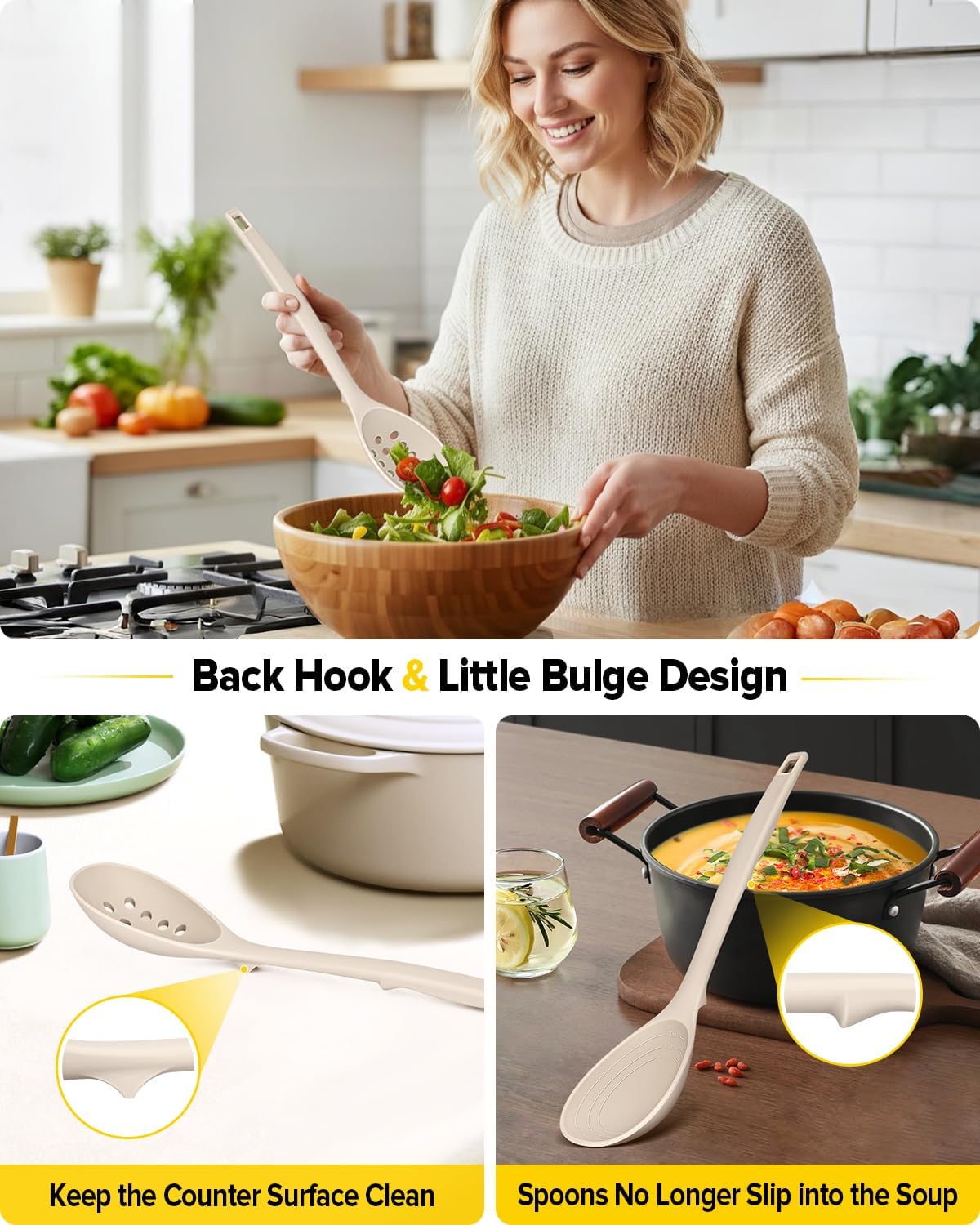 Silicone Cooking Utensils Set, 4 Pcs Spatula and Spoon Set, Khaki
