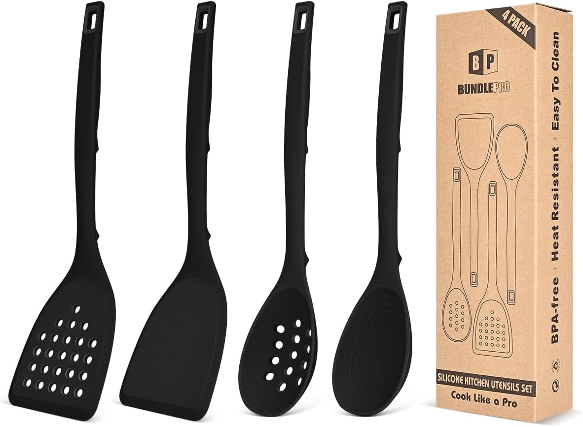 Silicone Cooking Utensils Set, 4 Pcs Spatula and Spoon Set, Khaki