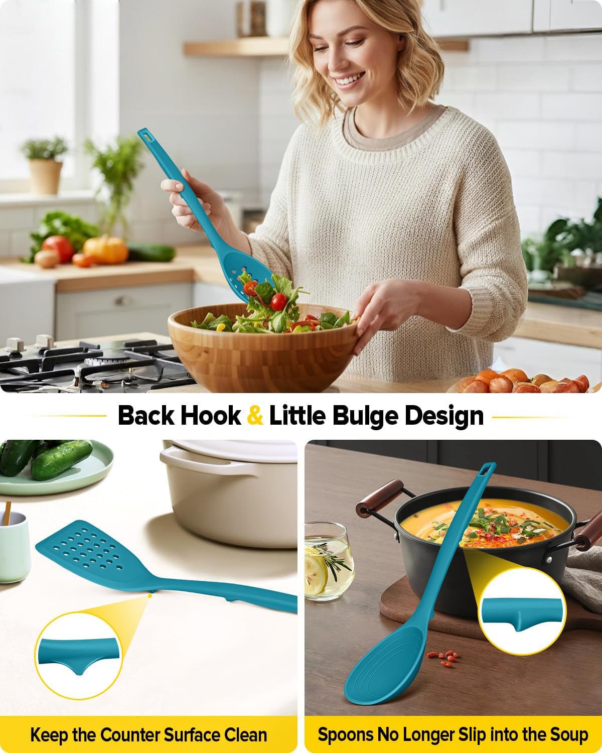 Silicone Cooking Utensils Set, 4 Pcs Spatula and Spoon Set, Khaki